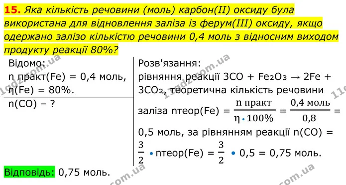 15. Яка кількість речовини (моль) карбон(ІІ) оксиду була використана для відновлення заліза із ферум(ІІІ) оксиду, якщо одержано залізо — ГДЗ Хімія 8 клас Мідак