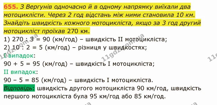 655. З Вергунів одночасно й в одному напрямку виїхали два мотоциклісти. Через 2 год відстань між ними становила 10 км. Знайдіть — ГДЗ Математика 5 клас Тарасенкова 2022
