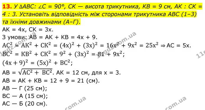 13. У ∆ABC: ∠C = 90°, CK — висота трикутника, KB = 9 см, AK : CK = 4 : 3. Установіть відповідність між сторонами трикутника ABC (1–3) — ГДЗ Геометрія 8 клас Істер