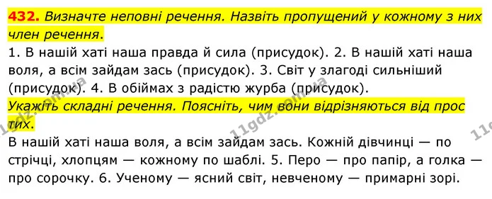432. Визначте неповні речення. Назвіть пропущений у кожному з них член речення. — ГДЗ Українська мова 8 клас Глазова О.П. 2021