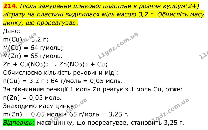 214. Після занурення цинкової пластини в розчин купрум(2+) нітрату на пластині виділилася мідь масою 3,2 г. Обчисліть масу цинку, що — ГДЗ Хімія 8 клас Григорович
