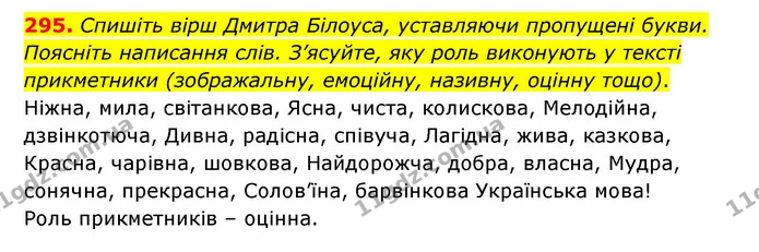 295. Спишіть вірш Дмитра Білоуса, уставляючи пропущені букви. Поясніть написання слів. З’ясуйте, яку роль виконують у тексті — ГДЗ Українська мова 6 клас Голуб 2023