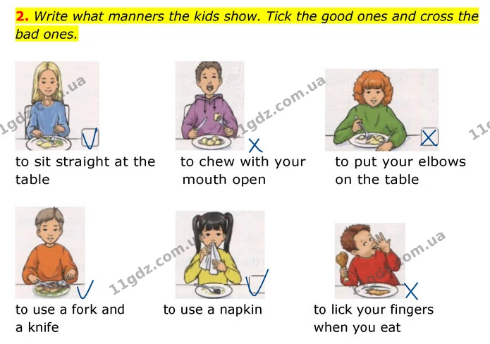 2. Write what manners the kids show. Tick the good ones and cross the bad ones. — ГДЗ Робочий зошит Англійська мова 6 клас Карпюк