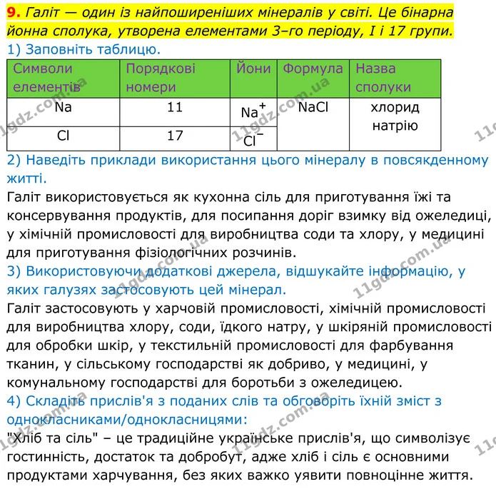 9. Галіт — один із найпоширеніших мінералів у світі. Це бінарна йонна сполука, утворена елементами 3–го періоду, I і 17 групи. — ГДЗ Хімія 8 клас Мідак