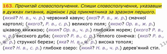163. Прочитай словосполучення. Спиши словосполучення, указавши в дужках питання, відмінок і рід прикметника за зразком першого. (який? — ГДЗ Українська мова та читання 4 клас Захарійчук