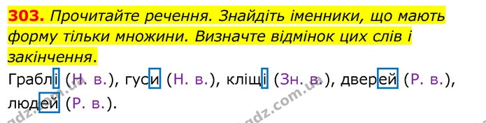 303. Прочитайте речення. Знайдіть іменники, що мають форму тільки множини. Визначте відмінок цих слів і закінчення. — ГДЗ Українська мова 6 клас Заболотний 2020