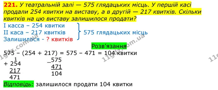 221. У театральній залі — 575 глядацьких місць. У першій касі продали 254 квитки на виставу, а в другій — 217 квитків. Скільки квитків — ГДЗ Математика 3 клас Листопад 1-2 ч.