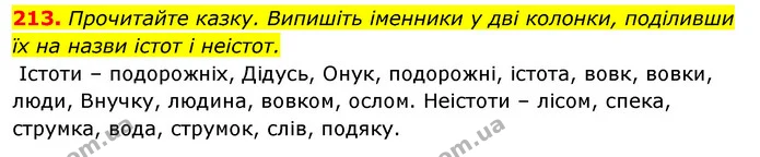 213. Прочитайте казку. Випишіть іменники у дві колонки, поділивши їх на назви істот і неістот. — ГДЗ Відповіді Українська мова 6 клас Єрмоленко