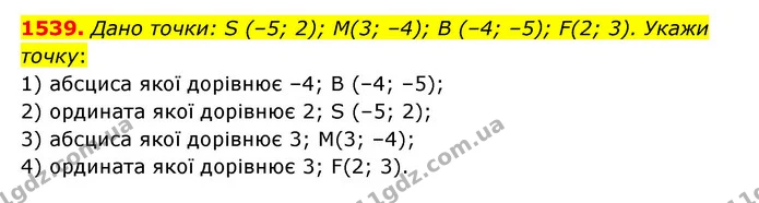 1539. Дано точки: S (–5; 2); М(3; –4); В (–4; –5); F(2; 3). Укажи точку: — ГДЗ Математика 6 клас Істер 2023 1-2 ч.