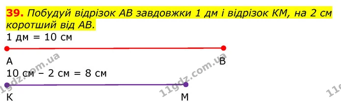 39. Побудуй відрізок АВ завдовжки 1 дм і відрізок КМ, на 2 см коротший від АВ. — ГДЗ Математика 3 клас Лишенко (1, 2 частина)