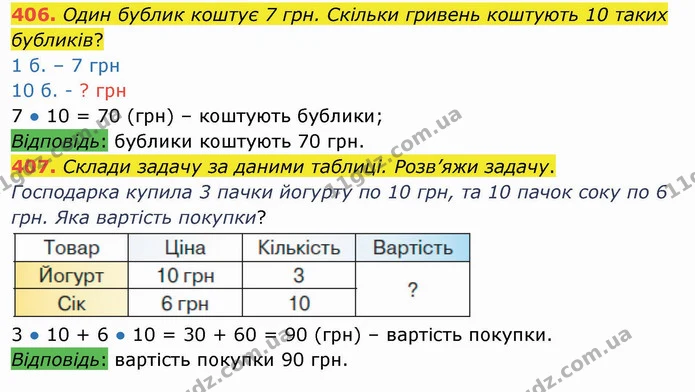 406. Один бублик коштує 7 грн. Скільки гривень коштують 10 таких бубликів? — ГДЗ Математика 3 клас Листопад 1-2 ч.