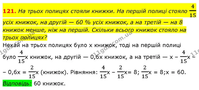 121. На трьох полицях стояли книжки. На першій полиці стояло 415 усіх книжок, на другій — 60 % усіх книжок, а на третій — на 8 книжок — Алгебра 7 клас Мерзляк 2024