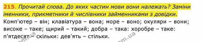 215. Прочитай слова. До яких частин мови вони належать? Заміни іменники, прикметники й числівники займенниками з довідки. Комп'ютер – — ГДЗ Українська мова та читання 4 клас Захарійчук