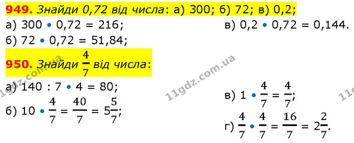 949. Знайди 0,72 від числа: а) 300; б) 72; в) 0,2; — ГДЗ Математика 6 клас Бевз 1-2 ч.