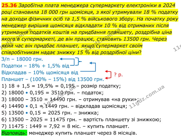25.36 Заробітна плата менеджера супермаркету електроніки в 2024 році становила 18 000 грн щомісяця, з якої утримували 18 % податку на — ГДЗ Алгебра 8 клас Істер