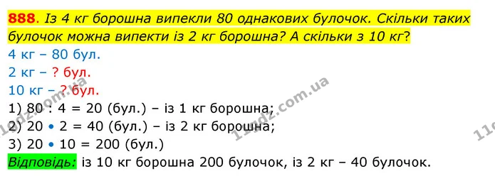 888. Із 4 кг борошна випекли 80 однакових булочок. Скільки таких булочок можна випекти із 2 кг борошна? А скільки з 10 кг? — ГДЗ Математика 3 клас Бевз 2 частина