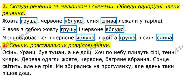 2. Склади речення за малюнком і схемами. Обведи однорідні члени речення. — ГДЗ Робочий зошит Українська мова 4 клас Большакова