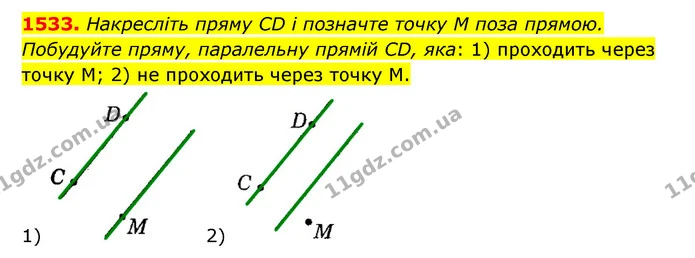 1533. Накресліть пряму CD і позначте точку M поза прямою. Побудуйте пряму, паралельну прямій CD, яка: 1) проходить через точку M; 2) не — ГДЗ Математика 6 клас Тарасенкова 2023 1-2 ч.