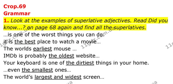 1. Look at the examples of superlative adjectives. Read Did you know...? on page 68 again and find all the superlatives. — ГДЗ Англійська мова 6 клас Коста (Prepare 6)