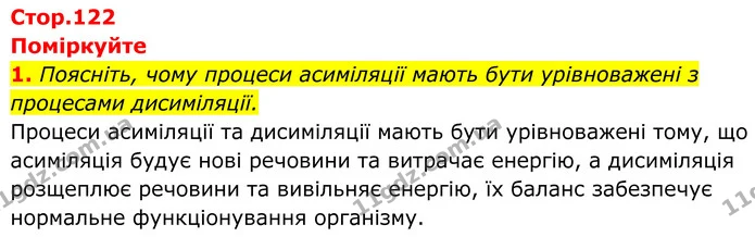 1. Поясніть, чому процеси асиміляції мають бути урівноважені з процесами дисиміляції. — ГДЗ Біологія 8 клас Балан