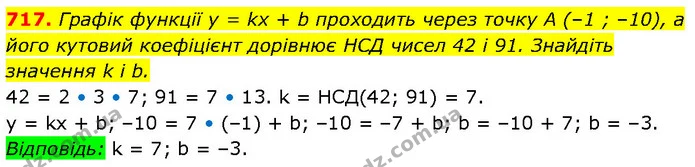 717. Графік функції y = kx + b проходить через точку А (–1 ; –10), а його кутовий коефіцієнт дорівнює НСД чисел 42 і 91. Знайдіть — ГДЗ Алгебра 7 клас Тарасенкова 2024