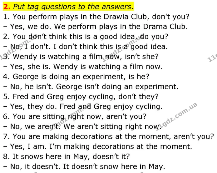 2. Put tag questions to the answers. — ГДЗ зошит grammar Англійська мова 7 клас Карпюк