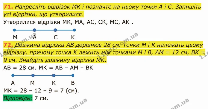 71. Накресліть відрізок MK і позначте на ньому точки A і C. Запишіть усі відрізки, що утворилися. — ГДЗ Математика 5 клас Мерзляк
