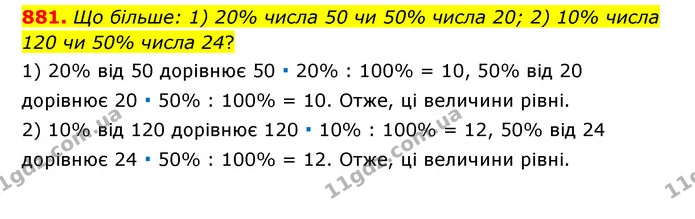 881. Що більше: 1) 20% числа 50 чи 50% числа 20; 2) 10% числа 120 чи 50% числа 24? — ГДЗ Математика 6 клас Тарасенкова 2023 1-2 ч.