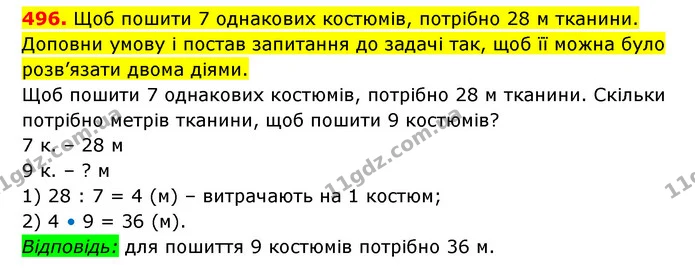 496. Щоб пошити 7 однакових костюмів, потрібно 28 м тканини. Доповни умову і постав запитання до задачі так, щоб її можна було — ГДЗ Математика 3 клас Будна 1-2 ч.