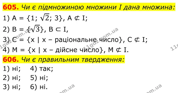 605. Чи є підмножиною множини І дана множина: — ГДЗ Алгебра 8 клас Тарасенкова