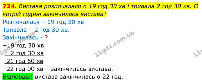 724. Вистава розпочалася о 19 год 30 хв і тривала 2 год 30 хв. О котрій годині закінчилася вистава? — ГДЗ Математика 4 клас Листопад