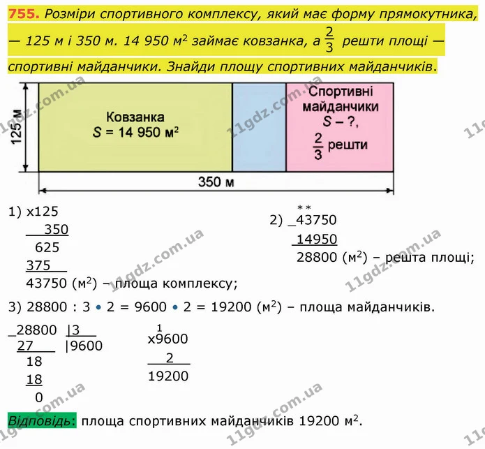 755. Розміри спортивного комплексу, який має форму прямокутника, — 125 м і 350 м. 14 950 м2 займає ковзанка, а решти площі — спортивні — ГДЗ Математика 4 клас Лишенко 1-2 ч.