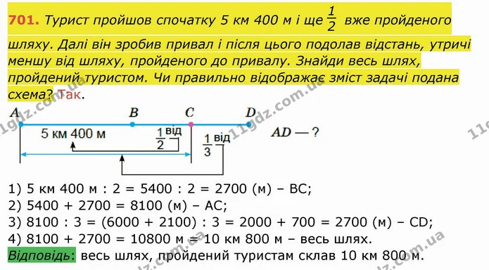701. Турист пройшов спочатку 5 км 400 м і ще вже пройденого шляху. Далі він зробив привал і після цього подолав відстань, утричі меншу — ГДЗ Математика 4 клас Заїка