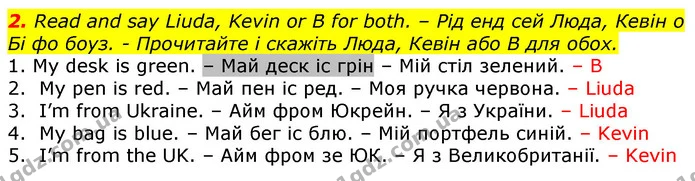 2. Read and say Liuda, Kevin or B for both. – Рід енд сей Люда, Кевін о Бі фо боуз. - Прочитайте і скажіть Люда, Кевін або В для обох. — ГДЗ Англійська мова 2 клас Мітчелл