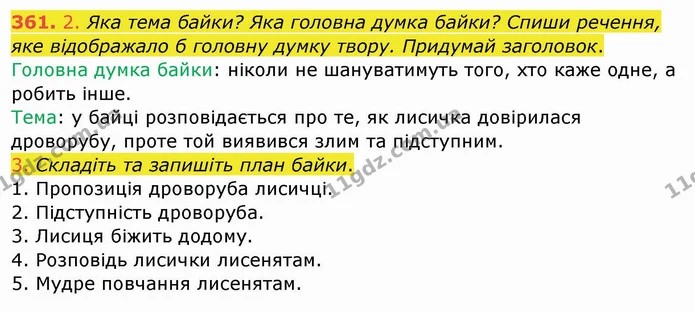 361. 2. Яка тема байки? Яка головна думка байки? Спиши речення, яке відображало б головну думку твору. Придумай заголовок. — ГДЗ Українська мова та читання 4 клас Кравцова