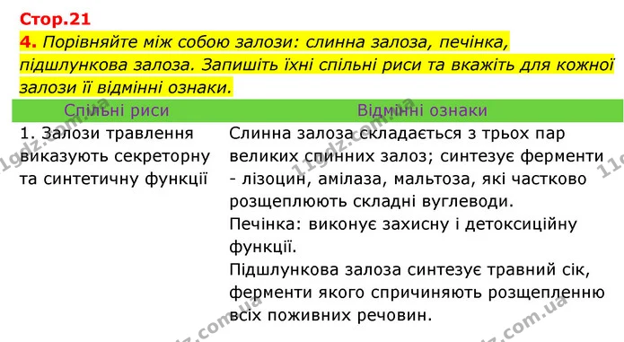 4. Порівняйте між собою залози: слинна залоза, печінка, підшлункова залоза. Запишіть їхні спільні риси та вкажіть для кожної залози її — ГДЗ Робочий зошит Біологія 8 клас Задорожний