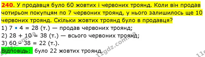 240. У продавця було 60 жовтих і червоних троянд. Коли він продав чотирьом покупцям по 7 червоних троянд, у нього залишилось ще 10 — ГДЗ Математика 3 клас Козак 1-2 ч.