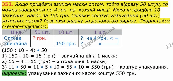 352. Якщо придбати захисні маски оптом, тобто відразу 50 штук, то можна заощадити по 4 грн на кожній масці. Микола придбав 10 захисних — ГДЗ Математика 4 клас Оляницька