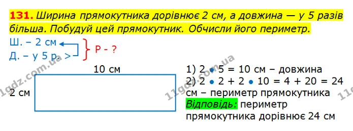 131. Ширина прямокутника дорівнює 2 см, а довжина — у 5 разів більша. Побудуй цей прямокутник. Обчисли його периметр. — ГДЗ Математика 3 клас Оляницька 1 та 2 частини