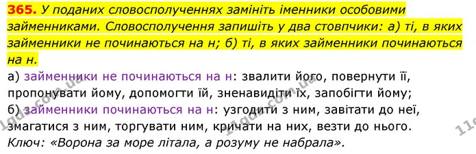 365. У поданих словосполученнях замініть іменники особовими займенниками. Словосполучення запишіть у два стовпчики: а) ті, в яких — ГДЗ Українська мова 6 клас Ворон, Солопенко