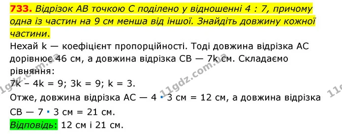 733. Відрізок AB точкою C поділено у відношенні 4 : 7, причому одна із частин на 9 см менша від іншої. Знайдіть довжину кожної частини. — ГДЗ Математика 6 клас Тарасенкова 2023 1-2 ч.