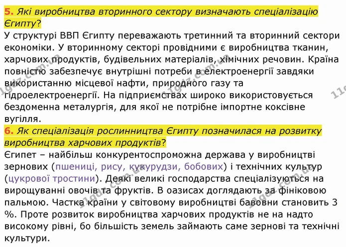 5. Які виробництва вторинного сектору визначають спеціалізацію Єгипту? — ГДЗ Географія 10 клас Бойко