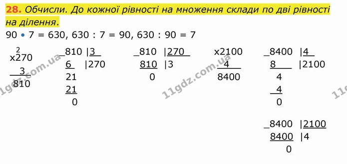 28. Обчисли. До кожної рівності на множення склади по дві рівності на ділення. — ГДЗ Математика 4 клас Оляницька