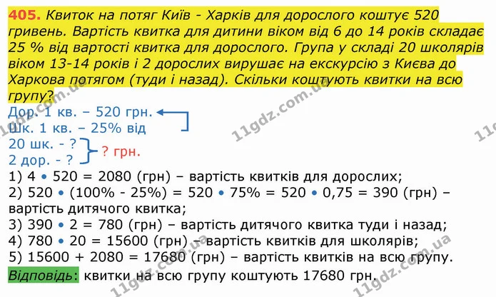 405. Квиток на потяг Київ – Харків для дорослого коштує 520 гривень. Вартість квитка для дитини віком від 6 до 14 років складає 25 % — ГДЗ Алгебра 8 клас Істер 2021