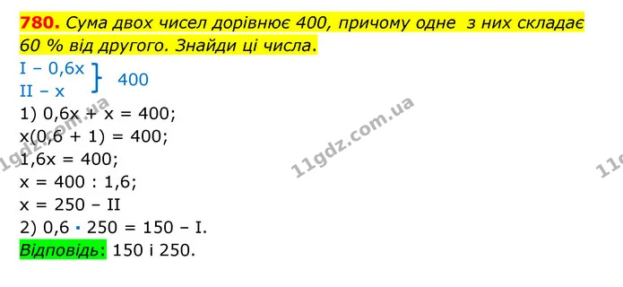 780. Сума двох чисел дорівнює 400, причому одне з них складає 60 % від другого. Знайди ці числа. — ГДЗ Математика 6 клас Істер 2023 1-2 ч.