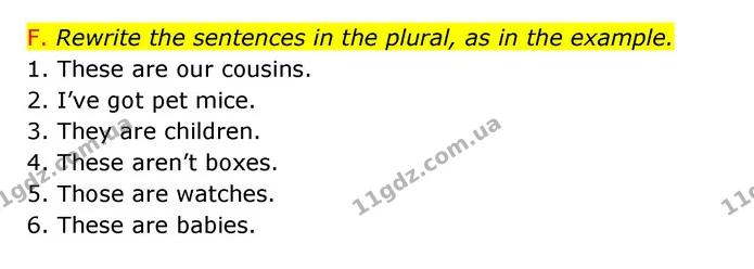 F. Rewrite the sentences in the plural, as in the example. — ГДЗ Зошит граматика Англійська мова Мітчелл
