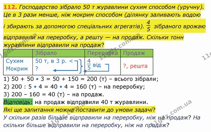 112. Господарство зібрало 50 т журавлини сухим способом (уручну). Це в 3 рази менше, ніж мокрим способом (ділянку заливають водою — ГДЗ Математика 4 клас Лишенко 1-2 ч.