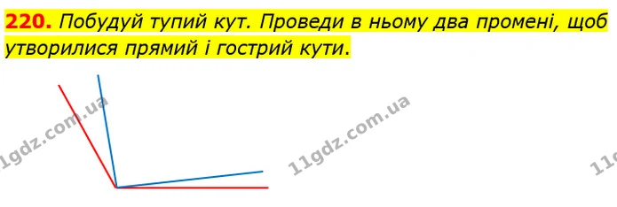 220. Побудуй тупий кут. Проведи в ньому два промені, щоб утворилися прямий і гострий кути. — ГДЗ Математика 4 клас Лишенко 1-2 ч.