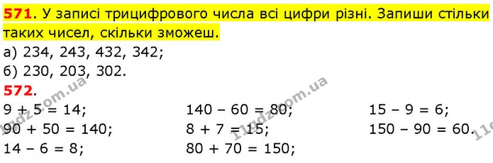 571. У записі трицифрового числа всі цифри різні. Запиши стільки таких чисел, скільки зможеш. — ГДЗ Математика 3 клас Козак 1-2 ч.