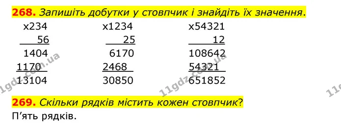 268. Запишіть добутки у стовпчик і знайдіть їх значення. — ГДЗ Математика 4 клас Бевз 1 та 2 частини